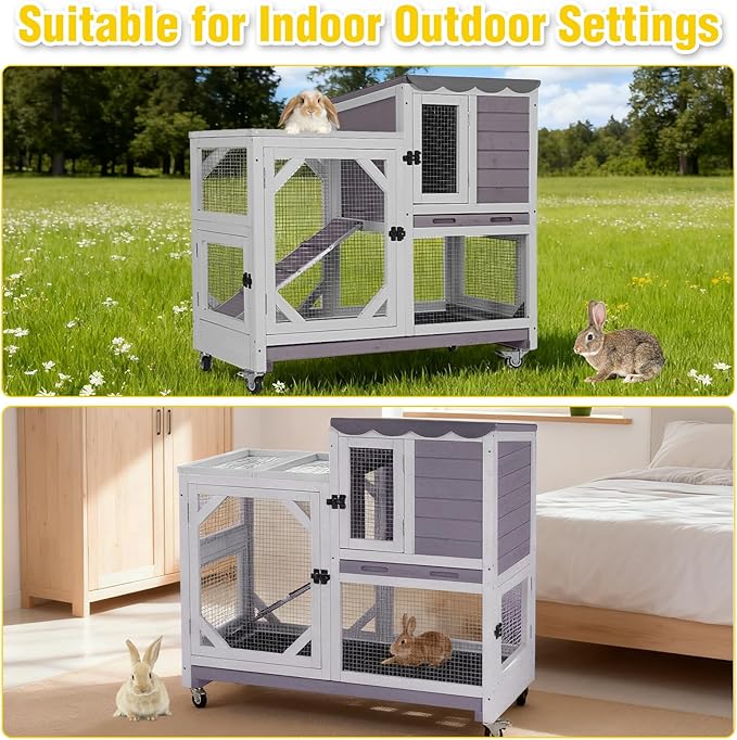 Aivituvin 39.3" Large 2-Story Large Rabbit Hutch Indoor Rabbit cage Wooden Bunny Cage with Chew-Proof Ramp, Leak-Proof Tray, Lockable Wheels for 2-4 Rabbits, Guinea Pigs (Grey)