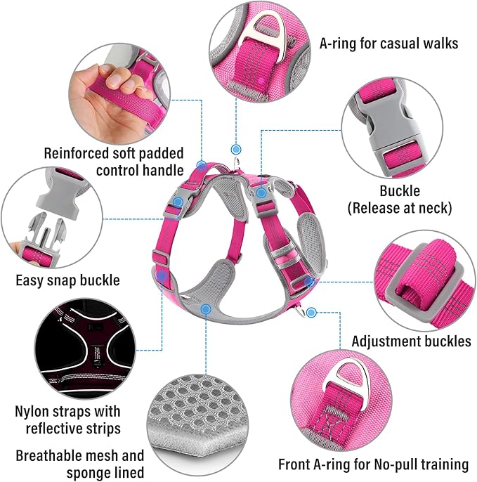 Plutus Pet No Pull Dog Harness, Release at Neck, Reflective Adjustable Dog Vest Harness, Easy Control Handle for Walking, for Small Medium Large Dogs, Hot Pink, M