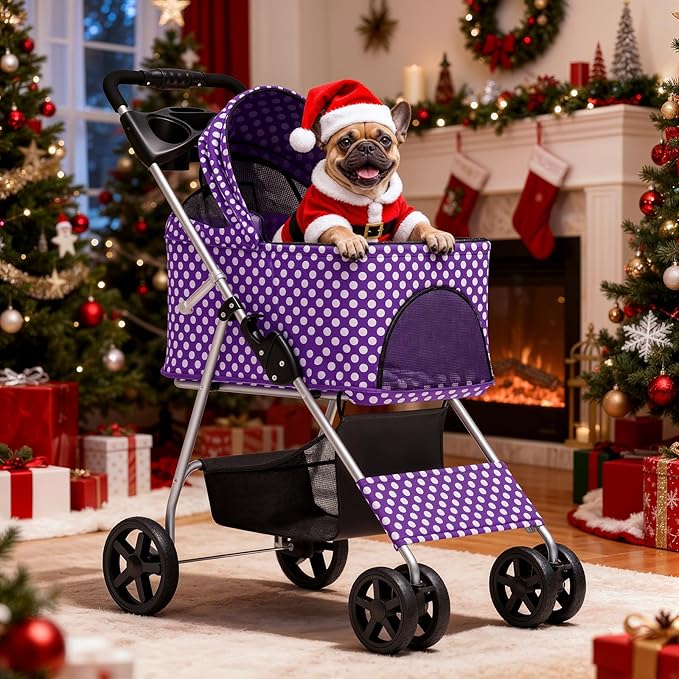 MoNiBloom 3 in 1 Foldable Pet Stroller for Small & Medium Dogs, Detachable Carrier, Car Seat, Push Button Entry, 4-Wheel Jogger for Pets up to 33 lbs, Purple Polka Dots