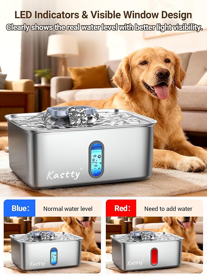 Kastty 4 Gal Dog Water Fountain for Large Dogs,15L Stainless Steel Large Pet Water Fountain, Ultra Quiet Automatic Dog Water Bowl Dispenser with Water Level Window and LED Light(FS78,Grey