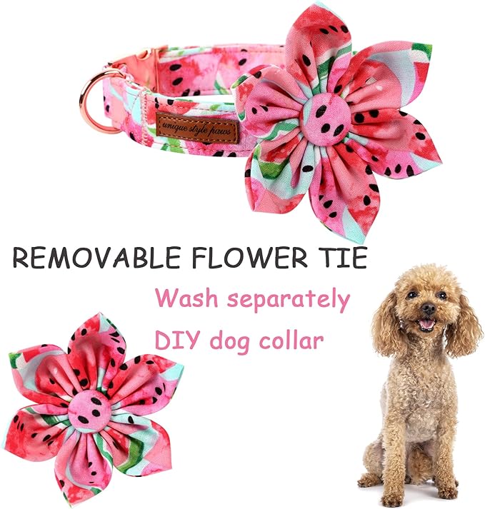 Unique style paws Dog Collar with Flower Tie Cotton Watermelon Collar Adjustable Summer Collar for Small Medium Large Dogs - XS