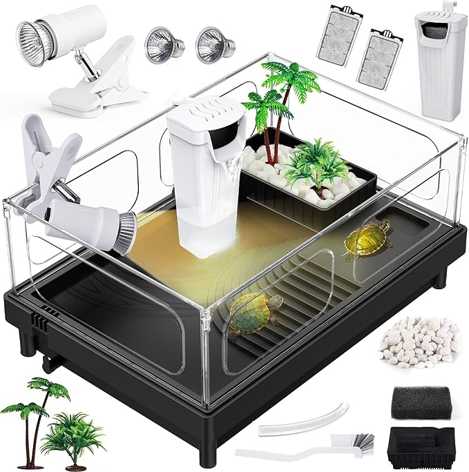 Small Turtle Tank Kit, Acrylic Turtle Tank Starter Kit with Basking Platform, Bottom Drainage, Multi-Function Areas for Turtles, Crabs, Crayfish, Small Reptiles. (Black+White)