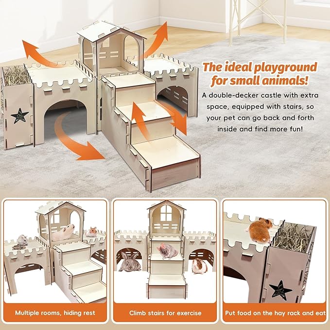 PINVNBY Extra Large Bunny Castle Hideout with Hay Feeder, Wooden Rabbit House Hide Climbing Detachable Indoor Wood Hideaway Castle Tower Tunnel for Rabbit Guinea Pig Hamster Chinchilla Ferret