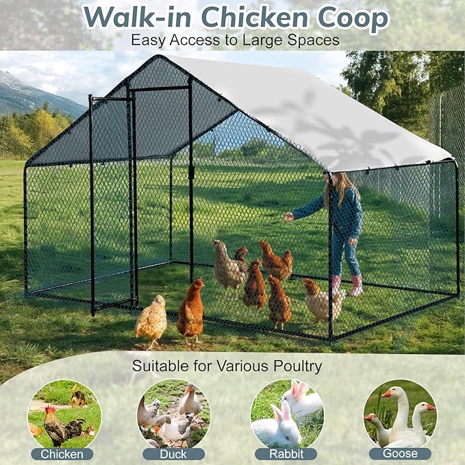 VINGLI Chicken Coop, 6.5 * 9.8 * 6.5 ft Large Metal Poultry Cage for Chicken Run, Walk-in Chicken Pen with Waterproof & Anti-UV Cover for Yard Outdoor (Black-Spire Roof)