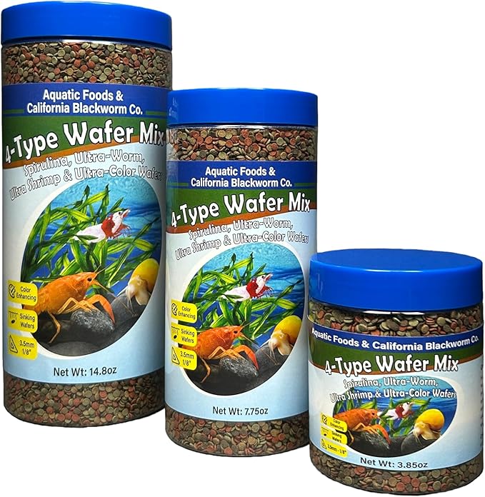 Aquatic Foods Inc. 4-Type 3.5mm - 1/8" Sinking Wafer Mix of Spirulina-Algae, Ultra-Worm, Ultra-Shrimp, Color Enhancing Wafers for Shrimp, Snails, Crayfish, All Tropical Fish, 3.5mm..1-lb 4oz Canister