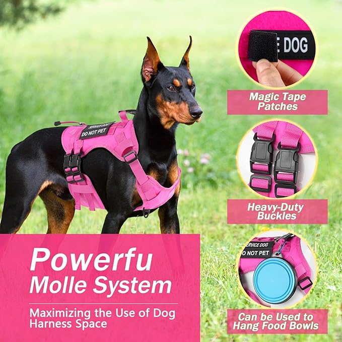 No Pull Tactical Dog Harness for Large Dogs, Escape Proof Molle Dog Vest Harness and Leash Set, Adjustable Military Service Dog Harness with Handle for Medium Large Dogs(Pink, XL)