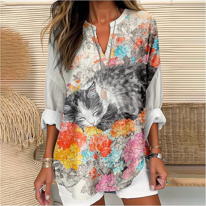 MARSVOVO Cat Shirts for Women Long Sleeve Cute Cat Pullover Graphic Novelty V Neck Blouse Oversized Funny Tunic Tops