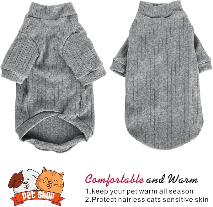 Idepet Sphynx Hairless Cats Sweater Shirt Kitten Soft Puppy Clothes Pullover Cute Cat Pajamas Jumpsuit Cotton Apparel Pet Winter Turtleneck for Cats and Teacup Chihuahua Small Dogs(Gray,S)