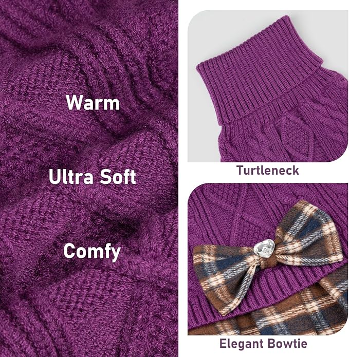 KYEESE Dog Sweater Soft Turtleneck Pet Sweater Dress Warm Pullover Pet Coats Stretchy Dogs Clothes with Bowtie Comfy Knitwear Dog Sweaters for Small Dogs Girl, Purple, X-Large