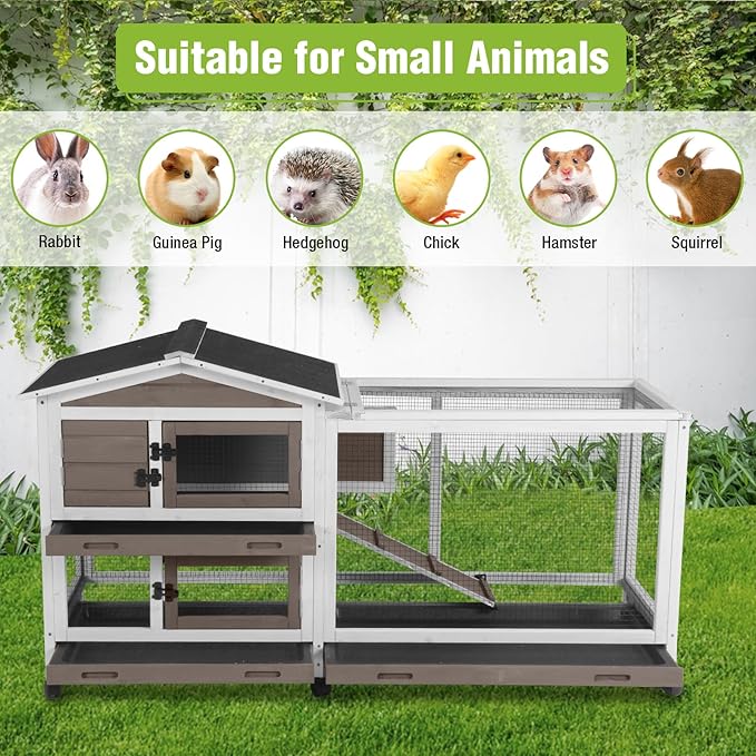 Wooden Rabbit Hutch Indoor and Outdoor with Waterproof Roof, Mobile Rabbit Cage with Wheels, 2-Story Bunny Cage with Leak Proof Tray and Chew Proof Ramp (Brown)