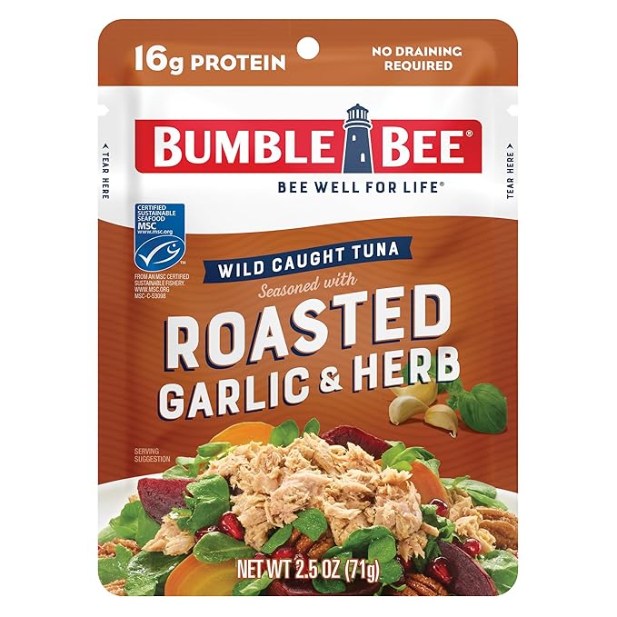 Bumble Bee Roasted Garlic & Herb Seasoned Tuna, 2.5 oz Pouch - Ready to Eat - Wild Caught Tuna Packet - 16g Protein per Serving - Gluten Free