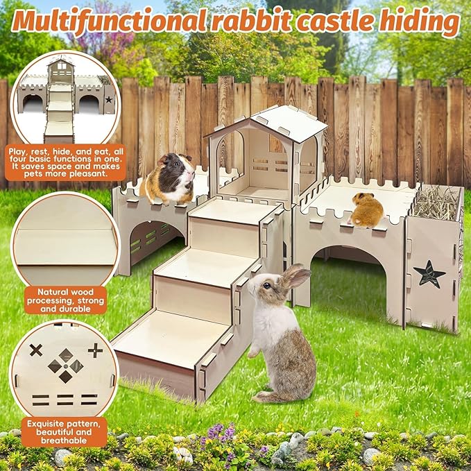 PINVNBY Extra Large Bunny Castle Hideout with Hay Feeder, Wooden Rabbit House Hide Climbing Detachable Indoor Wood Hideaway Castle Tower Tunnel for Rabbit Guinea Pig Hamster Chinchilla Ferret