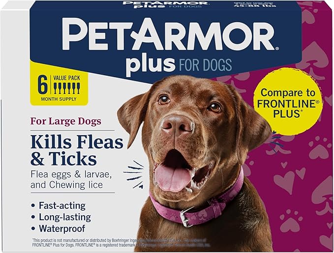 PetArmor Plus Flea and Tick Prevention for Dogs, Large Dog Flea and Tick Treatment, 6 Doses, Waterproof Topical, Fast Acting (45-88 lbs)