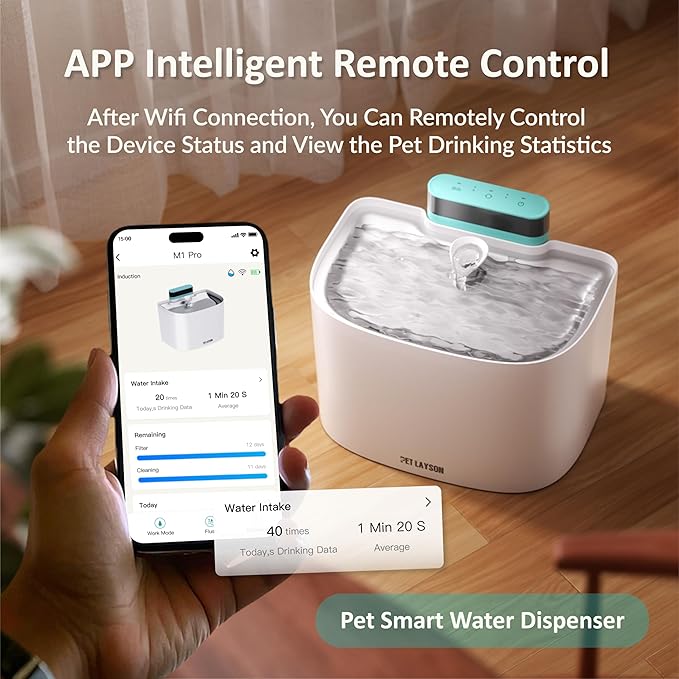 PET LAYSON Pumpless Cat Water Fountain,App Remote Control Smart Cordless Battery Operated 3.6L/122oz Wireless 2.4GHz Wi-Fi Networks Rechargeable Water Dispenser (Pink, M1Pro-16 Filter)
