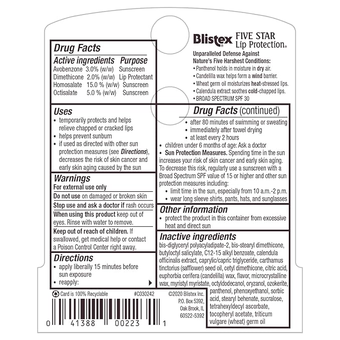 Blistex Lip Protection Balm, SPF 30 | Wind & Water-Resistant | Soothes Chapped Lips | Hydrating Treatment | Holds in Moisture