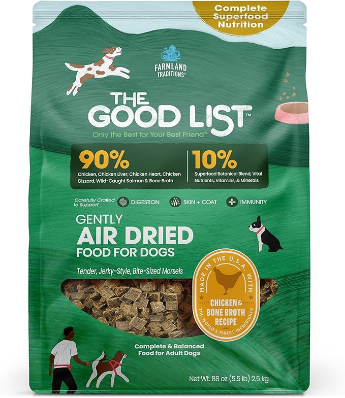 Farmland Traditions The Good List Air-Dried Dog Food, Premium Chicken & Bone Broth for Dogs, Protein Rich & Grain-Free Nutrition, 5.5 Pound Bag