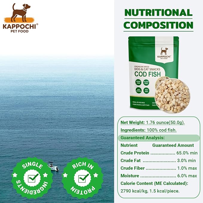 Freeze-Dried Cod Fish Cat Dog Treats, 1.76oz(50.0g), 100% Single Ingredient High Protein Training Treats, Rich in Omega, Natural & Raw, No Additives, Grain Free, Gluten Free