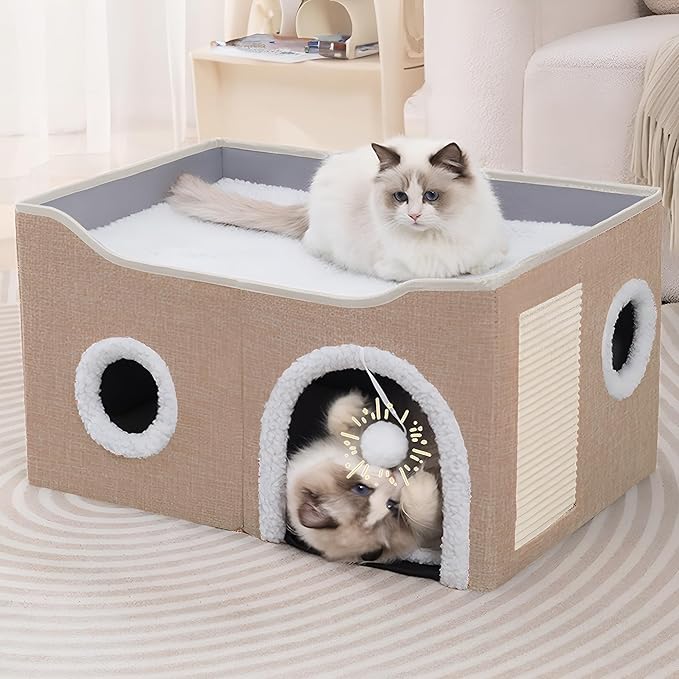 Cat Houses for Indoor Cats - Large Cat Bed Cave with Scratch Pad and Fluffy Ball, Foldable Cat Condo Hideaway with Reversible Cushion for Multi Small Pet (Beige, Double)