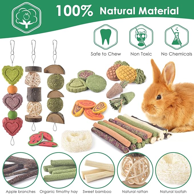 KATUMO 38 PCS Rabbit Chew Toys with 3 Types of Strung Hanging Toys, Natural Bunny Teeth Care Chew Kit Apple Wood Sweet Bamboo Grass Timothy Sticks for Guinea Pig, Hamster, Chinchilla, Small Animals
