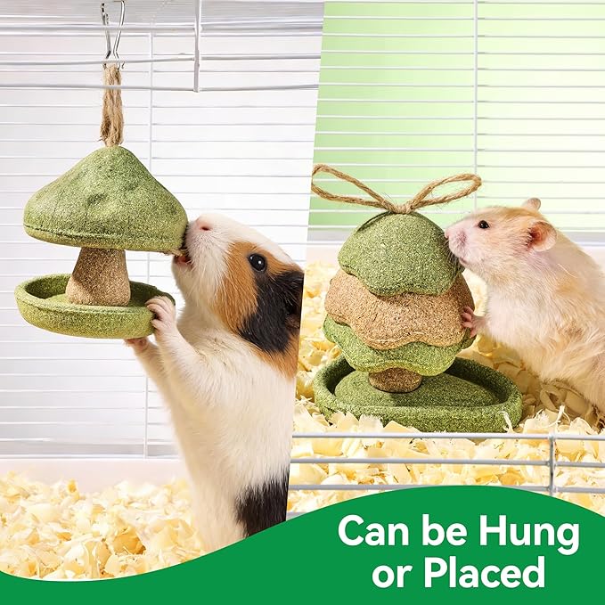 Guinea Pig Chew Toys, Prevent Teeth Overgrowth - 11oz Hamster Toys, Natural Vegetables & Timothy Grass, Cute Mushroom & Tree Shaped Habitat Decoration, Small Animal Chew Toys