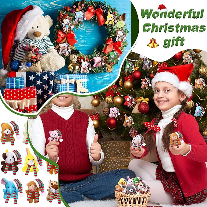 Skylety 50 Pcs Mini Christmas Stuffed Animals Bulk Small Christmas Tree Decorations Tiny Cute Plush Keychain Doll Toy for Holiday Xmas Party Favor Gift Classroom Prizes(Assorted Animals,Vivid Color)