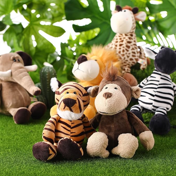 18 Pcs Safari Stuffed Animal, Plush Jungle Animal Toys for Girls Boys, 11.8'' Giraffe Lion Zebra 9.8'' Tiger Monkey 9'' Elephant for Adopt a Pet Party Favor Birthday Gifts Class Award