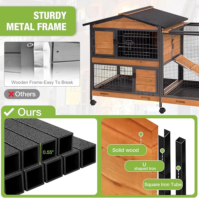 Rabbit Hutch with Chew Proof Metal Frame Indoor and Outdoor, Mobile Rabbit Cage with Wheels, Large Bunny Cage with Leakproof Trays and Waterproof Roof for Guinea Pig, Small Animals (Orange)