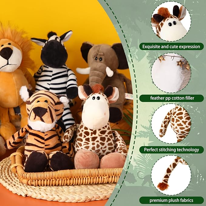 18 Pcs Safari Stuffed Animal, Plush Jungle Animal Toys for Girls Boys, 11.8'' Giraffe Lion Zebra 9.8'' Tiger Monkey 9'' Elephant for Adopt a Pet Party Favor Birthday Gifts Class Award