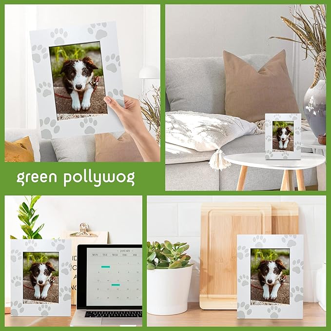 Green Pollywog Screenprinted Paw Print Picture Frame | White Hand-Finished Pinewood | Fits 5” x 7” Photo | Pet Lover Gift