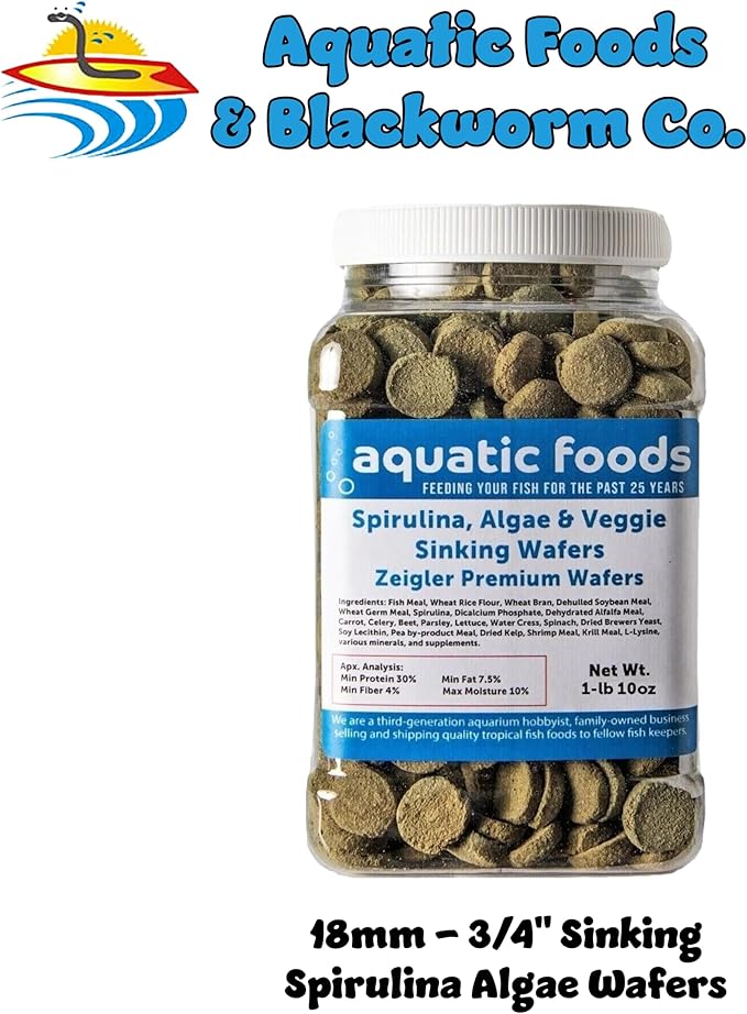 Aquatic Foods Inc. 18mm - 3/4" Wafers of Spirulina, Algae, Veggies, Sinking Wafers for Bottom Fish, Shrimp, Snails, Crabs, Crayfish, All Tropical Fish, Zeigler Wafer…1-lb & 10oz Med Jar