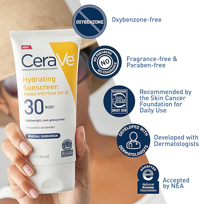 CeraVe 100% Mineral Sunscreen SPF 30 with Zinc Oxide & Titanium Dioxide,Hyaluronic Acid & Ceramides,Oil Free,Non-Greasy,Hydrating Mineral Sunscreen For Body,5 oz,(Pack of 2)