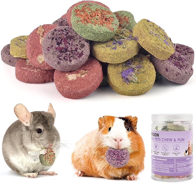 ERKOON 24Pcs Bunny Chew Toys, Small Animal Molar Toys Timothy Grass Beet Sweet Potato Pumpkin Cake Treats for Guinea Pig Hamster Bunny Chinchilla Gerbil, 100% Natural Rabbit Chews and Treats