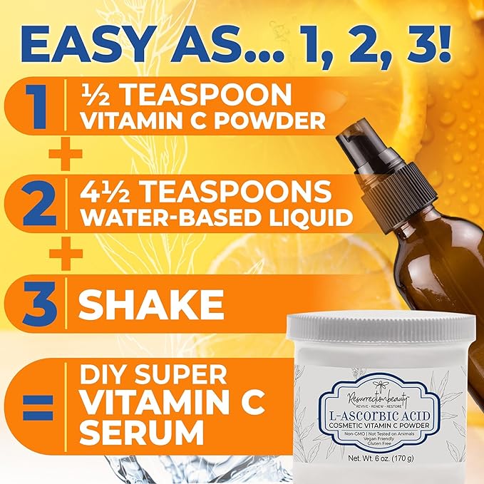 100% Pure L-Ascorbic Acid (Cosmetic Vitamin C Powder for Face) to Make Your Own Premium Beauty Serum, Skincare Mask Treatment, Hyaluronic Serums with Vit C & DIY Facial Skin Care Products 6 OZ