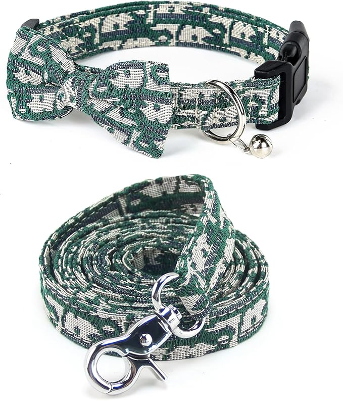 Bowtie Collars for Small Dogs, Elegant Puppy Collars with Leash Set, Tiny Dog Collars with Bowtie Adjustable 9.8"-13.8", Green, S
