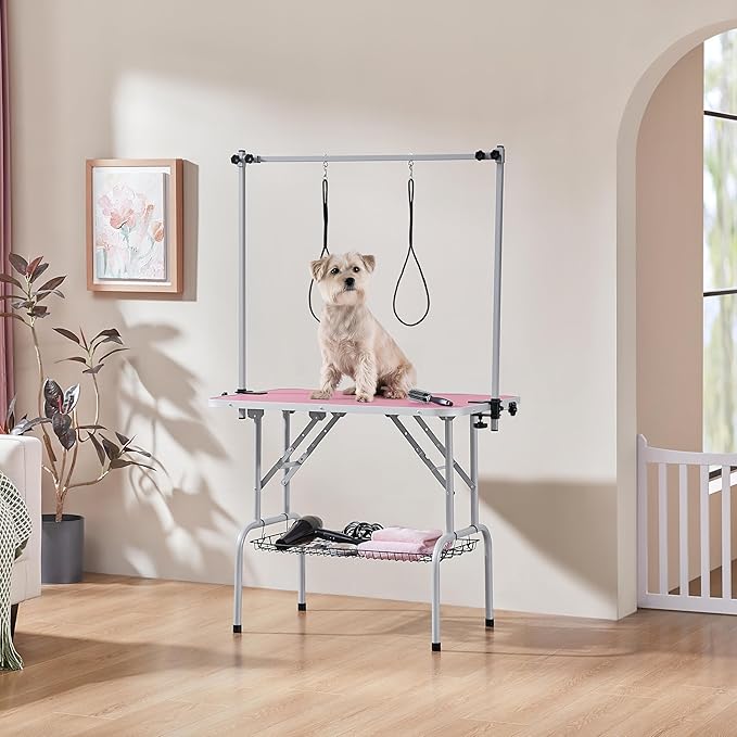 Yaheetech 36'' Pet Grooming Table for Dogs Adjustable Height Portable Trimming Table Drying Table w/Arm/Noose/Mesh Tray Maximum Capacity Up to 265Lb, Pink