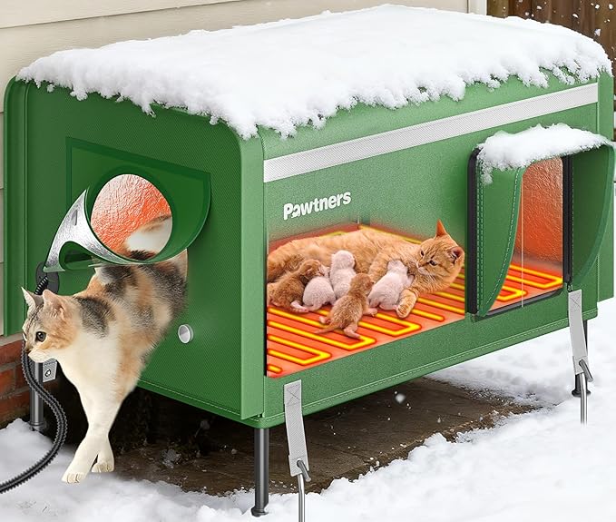 Pawtners Heated Outdoor Cat House for Outside Cats, 26'' XL Insulated Weatherproof Cat Shelter with Heated Pad, Elevated Feet & Escape Door, Warm Kitty House for Feral or Stray Cats in Winter
