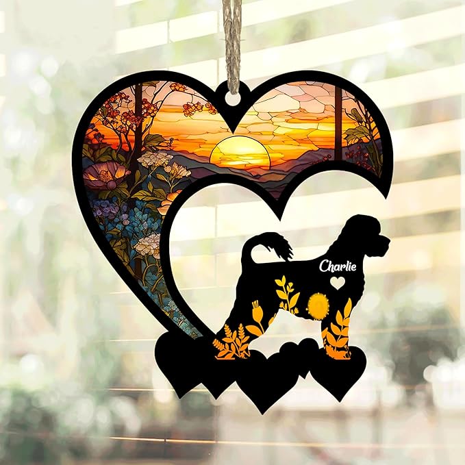 LOVELYPOD Lovely POD Portuguese Water Dog Suncatcher, Personalized Portuguese Water Dog Memorial with Name, Dog Loss Suncatcher, Dog Remembrance Gift, Dog Memorial Ornament, Loss of Dog Sympathy Gift