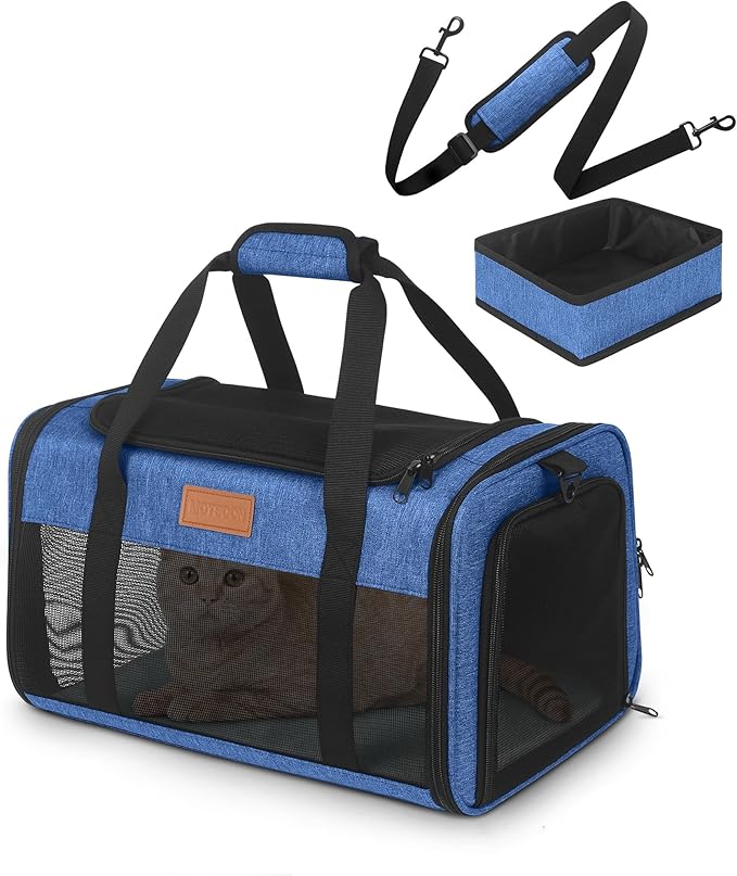 PETUX Airline Approved Cat Carrier or Small Cat up to 12 lb - 17"x11"x9.5", TSA, Underseat, Top & Side Entry Pet Carrier with Breathable Anti-Scratch Mesh & Litter Box for Travel and Vet Visit - Blue