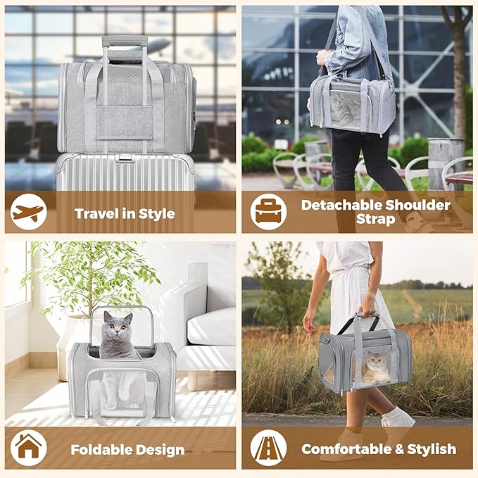 Cat Carrier Soft for Pets Up to 25 Lbs, Cat Travel Bag Soft-Sided with Padded Shoulder Strap, Pet Dog Carriers for Small Dogs Travel Puppy Carry Airline Approved, Grey