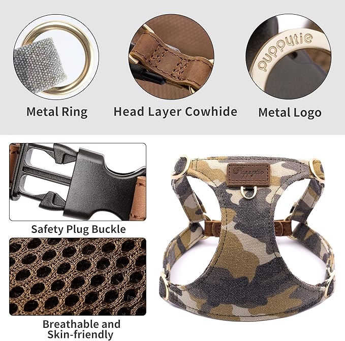 Puppytie Dog Harness & Multi-Function Leash Set - No Pull Function, Easy Walk Design - Camouflage Brown, Size M