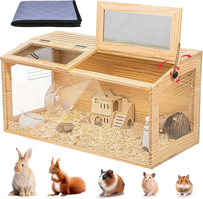 Hamster Cage 40" Wooden Chewproof, 270° View Large Habitat with Bite-Proof Metal Mesh & Top Dual Access Doors, Acrylic Sheets & Solid Build for Dwarf Syrian Hamsters/Gerbils/Guinea Pigs/Chinchillas