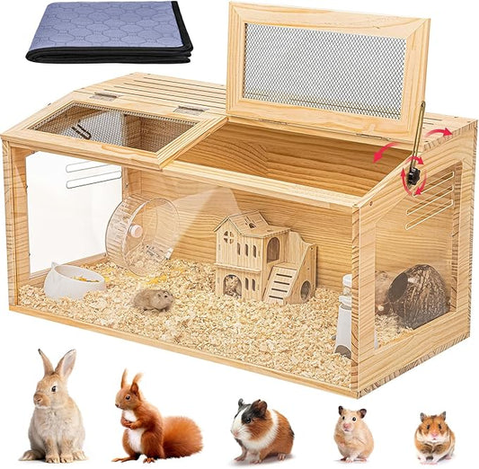 Hamster Cage 40" Wooden Chewproof, 270° View Large Habitat with Bite-Proof Metal Mesh & Top Dual Access Doors, Acrylic Sheets & Solid Build for Dwarf Syrian Hamsters/Gerbils/Guinea Pigs/Chinchillas