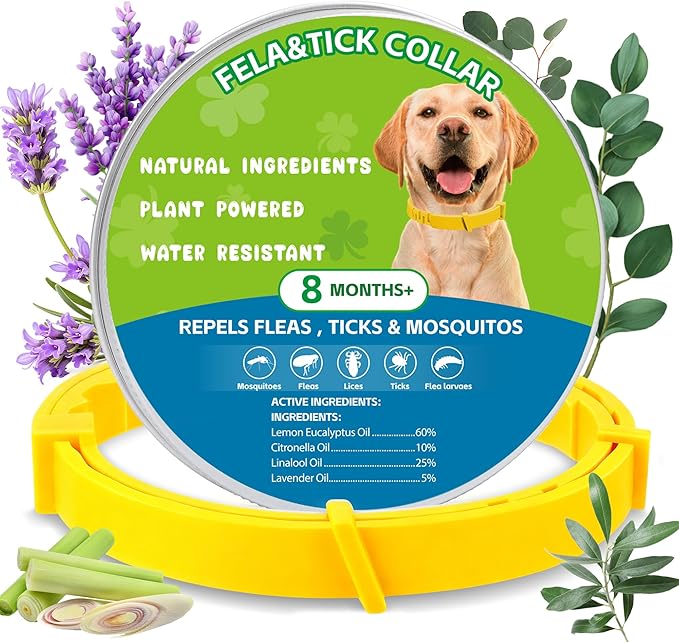 Natural Flea & Tick Prevention Dog Collars – 2-Pack Adjustable Waterproof Collars with Essential Oils (Lemon Eucalyptus, Citronella, Lavender, Linalool),Yellow, Safe for All Breeds