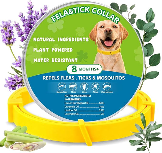 Natural Flea & Tick Prevention Dog Collars – 2-Pack Adjustable Waterproof Collars with Essential Oils (Lemon Eucalyptus, Citronella, Lavender, Linalool),Yellow, Safe for All Breeds