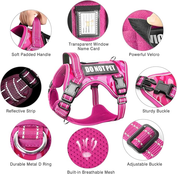 Tactical Service Dog Vest and Leash Set,Heavy Duty No Pull Dog Harness and 10 Patches with Dog Seat Belt for Large Dogs,Reflective Pet Harness for Training Walking Hiking Camo Pink L