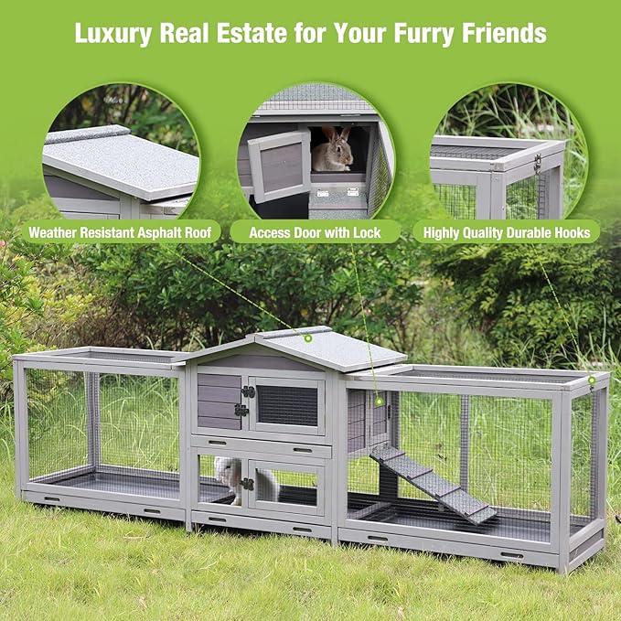 Rabbit Hutch Bunny Cage Indoor & Outdoor Rabbit Cage on Wheels, Large Guinea Pig Cage with 4 Deep No Leakage Pull Out Trays - 93.7"
