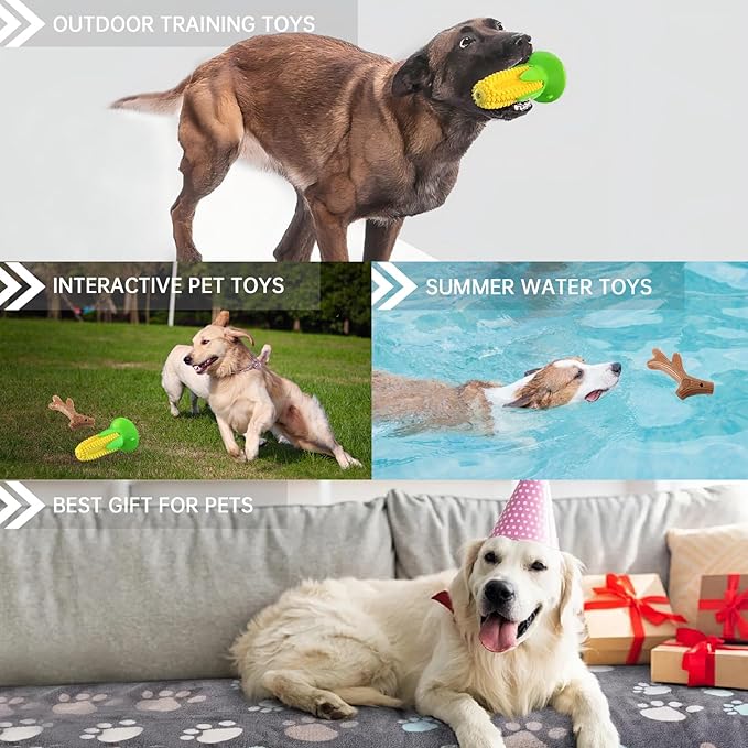 POPET Dog Chew Toys Bundle – Corn Dental Stick & Splinter-Free Antler Wood Toy, Tough Squeaky Interactive Toys for Puppies to Large Breeds, Indoor Outdoor Use