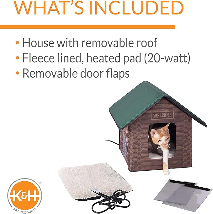 K&H Pet Products Heated Outdoor Cat House for Outside Pets in Winter, Weatherproof Outdoor House for Ferals, Insulated Kitty Shelter, 2 Doors, Waterproof Heated Cat Bed, Safety Listed - Log Cabin 20W