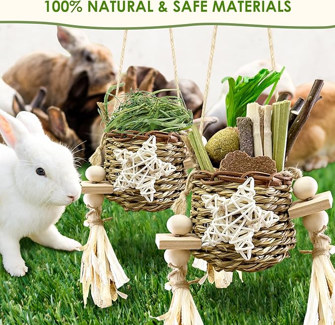 26Pcs Rabbit Toys for Bunny Boredom Basket for Small Pets, with 14Pcs Replacement Set Hanging Rodent Dental Toy with Papaya Stems Sweet Bamboo Hamsters, Chinchillas, Guinea Pigs (No Corn Cob)