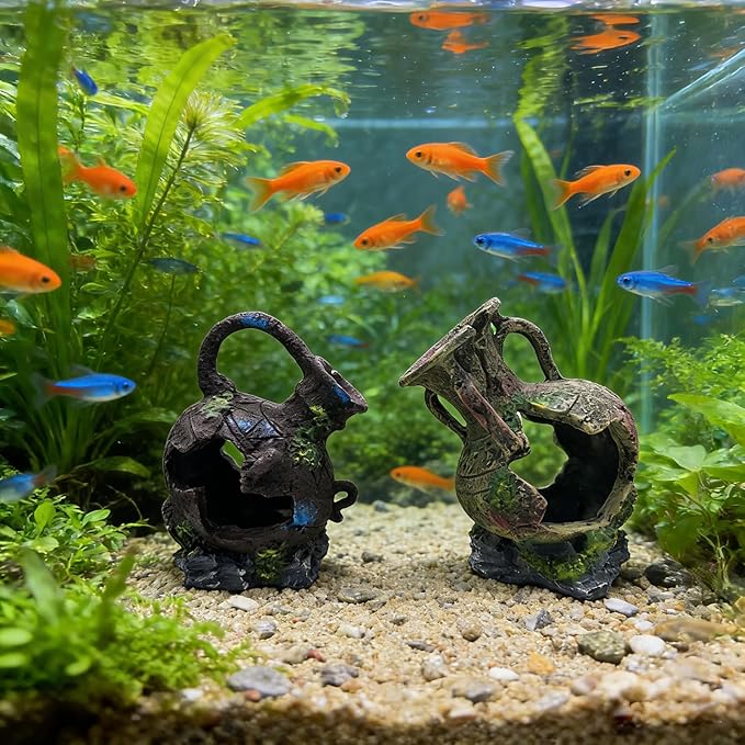 Aquarium Decoration - Fish Tank Cave Decoration Accessories Resin Classical Ceramic Jar Ornaments Betta Fish, Shrimp, Cichlid Rest, Entertainment, and Breeding Spacious Hide and Play Place